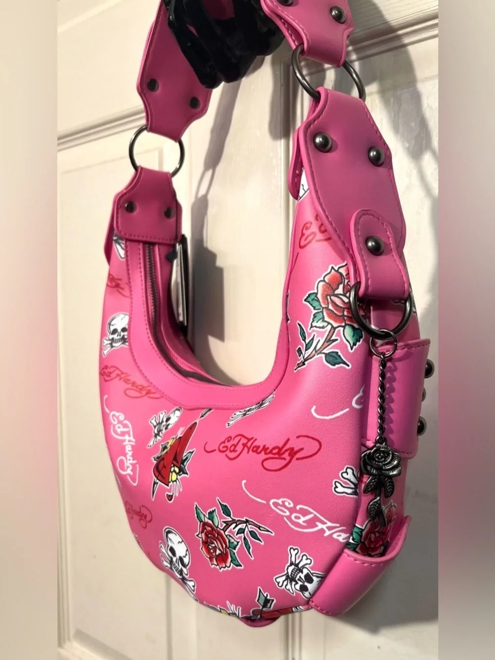 💕Ed Hardy Hot Pink Studded Skull & Rose Shoulder Bag-NWT💕